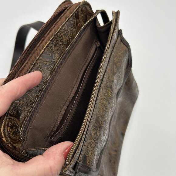 Relic Fossil Organizer Purse Brown Embossed Leather Shoulder Bag Paisley - Picture 3 of 16